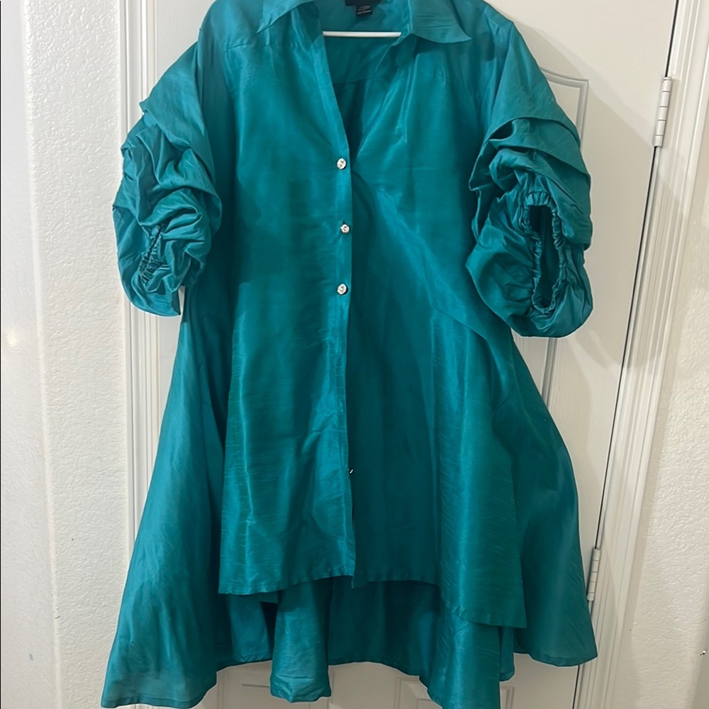 Teal Midi Dress with Ruched Sleeves